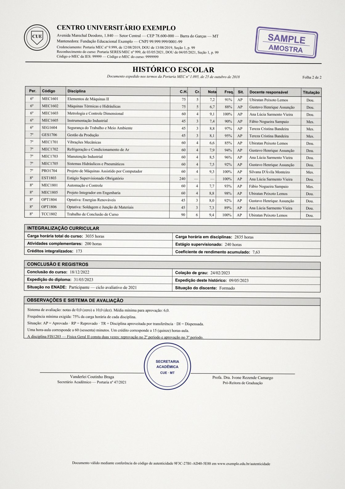 Original: page 2 of a sample Brazilian transcript in Portuguese, shown below the line.