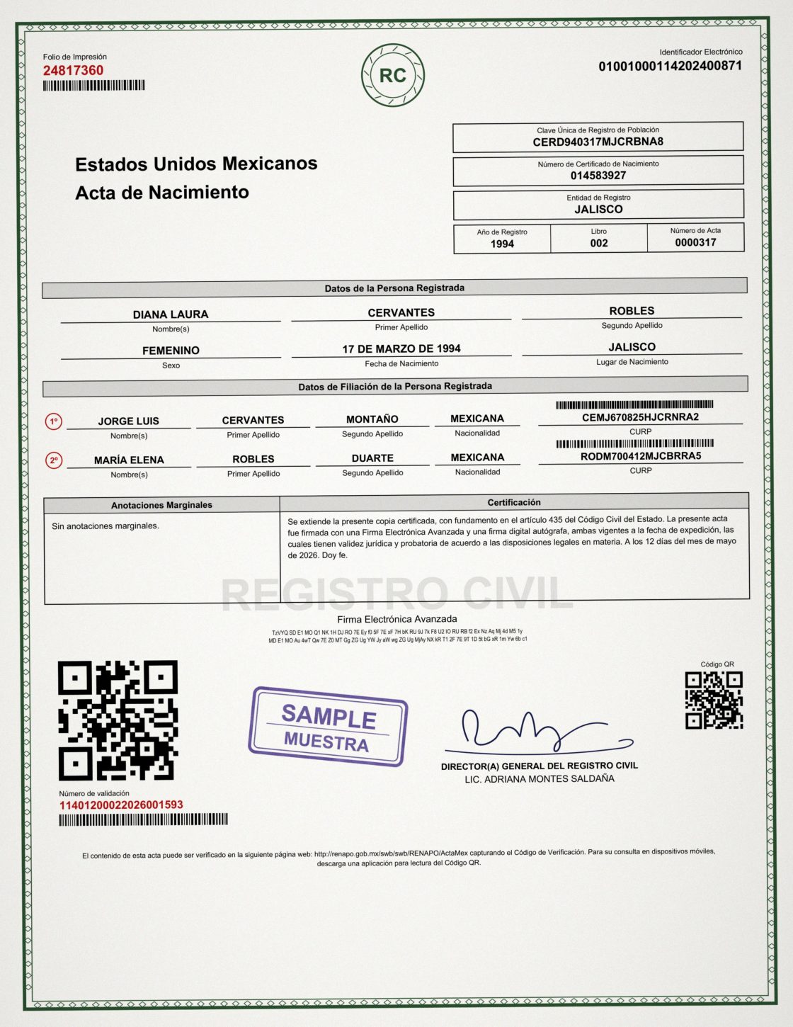 Original: the sample Mexican birth certificate in Spanish, shown below the line.